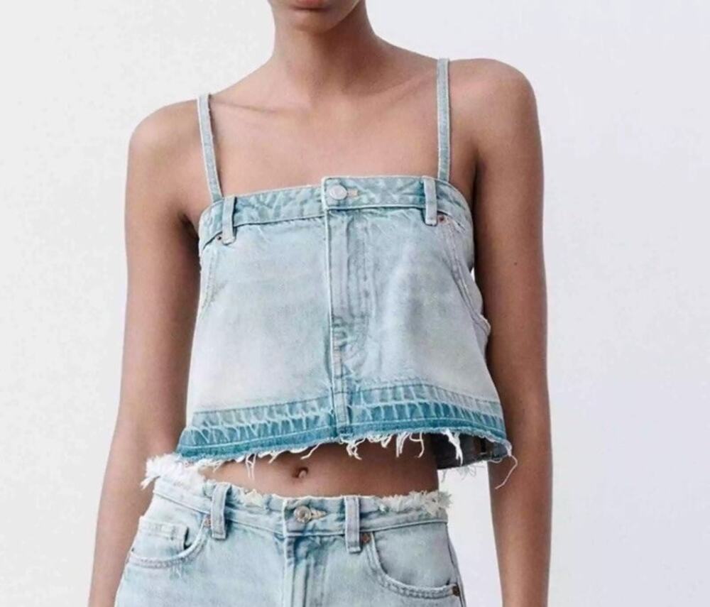 Zara Denim Corset Top Blue Jean Crop Top Strappy Raw Hem XS